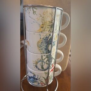 Pier 1 Sea Life 4 Stackable Mugs Set Seahorse Octopus Angelfish